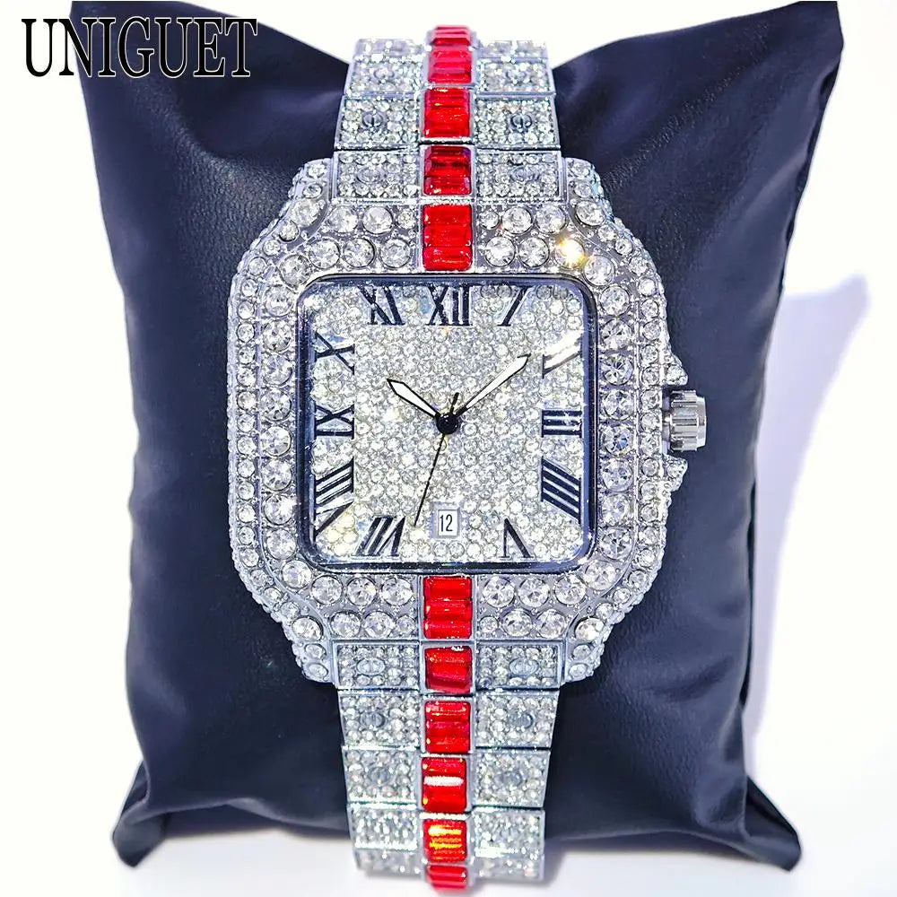 Silver and green iced out men's diamond watch by Lamp Post featuring full diamond embellishments and a quartz movement.