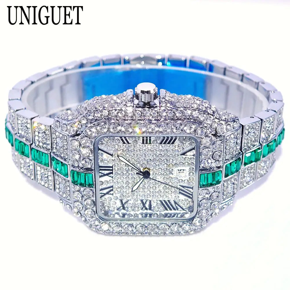 Silver and green men's iced out diamond watch by Lamp Post, featuring a full diamond hip hop quartz design.
