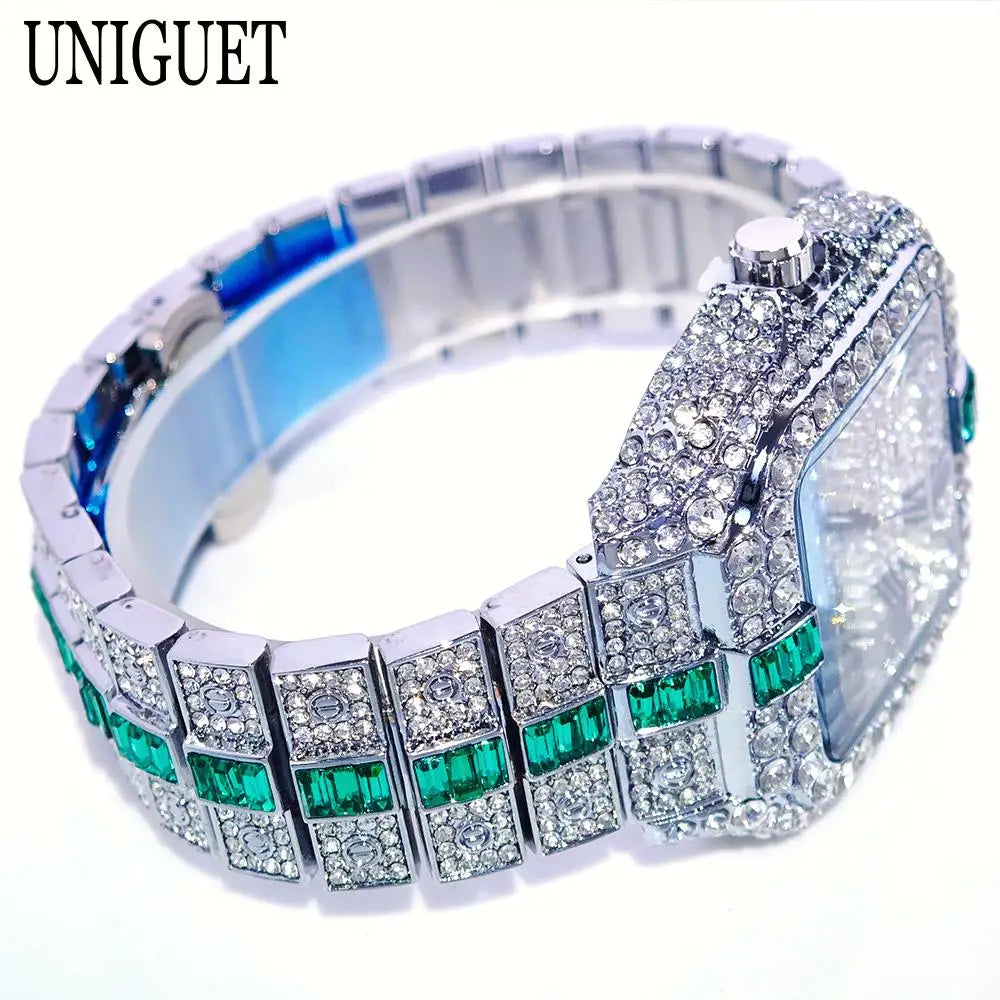 Silver-green men's iced out diamond hip hop quartz watch by Lamp Post featuring full diamond accents and stylish design.
