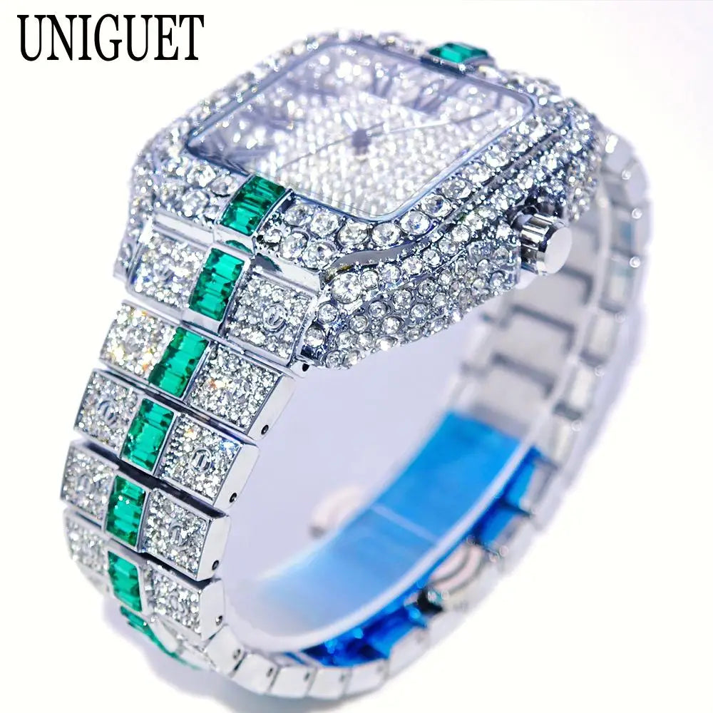 Silver-green men's iced out diamond hip hop quartz watch by Lamp Post, featuring full diamond accents and stylish design.