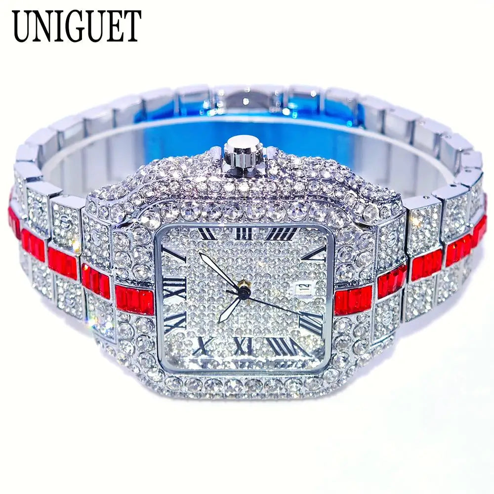 Silver-green men's iced out diamond hip hop watch by Lamp Post featuring full diamonds and quartz movement.