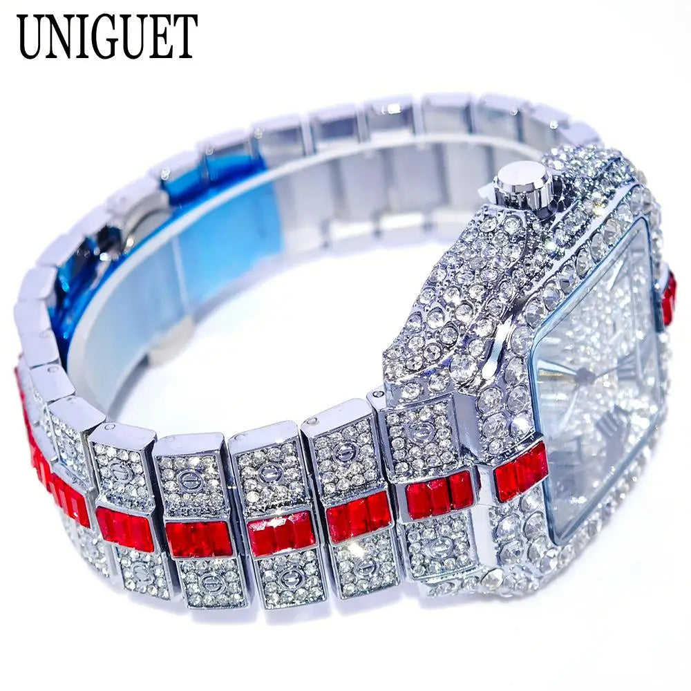 Silver-green men's diamond iced out watch by Lamp Post featuring full diamond accents and hip hop quartz movement.