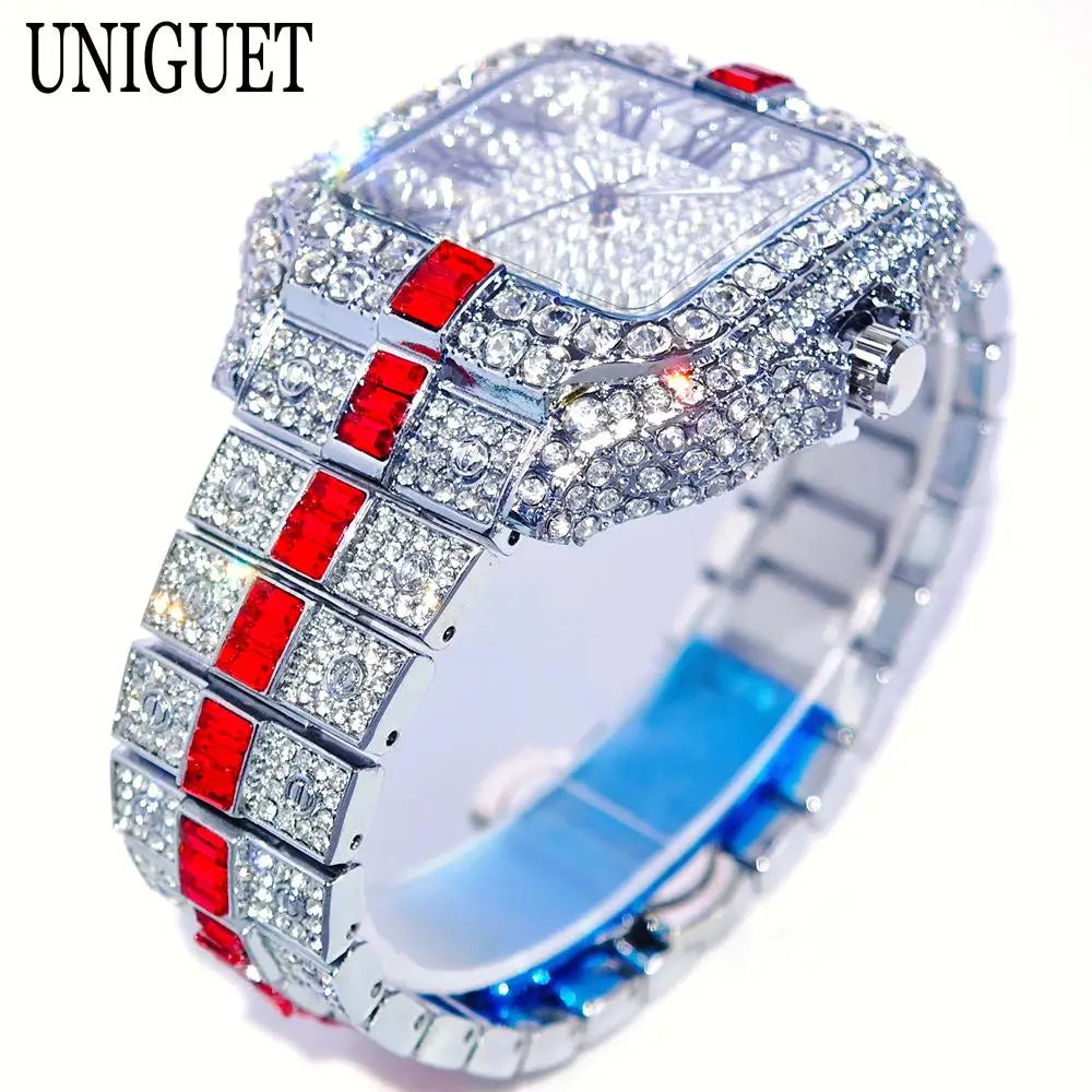 Silver and green men's iced out diamond hip hop quartz watch by Lamp Post with full diamond accents.