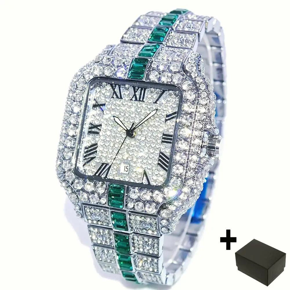 Silver and green men's iced out diamond watch by Lamp Post with full diamond accents and hip hop quartz movement.