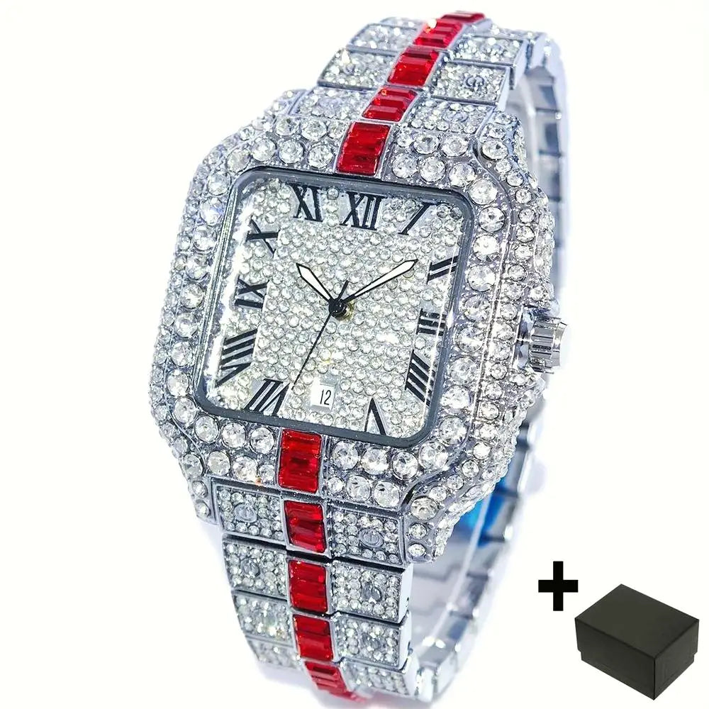 Silver and green men's iced out diamond hip hop watch by Lamp Post with full diamond accents and quartz movement.