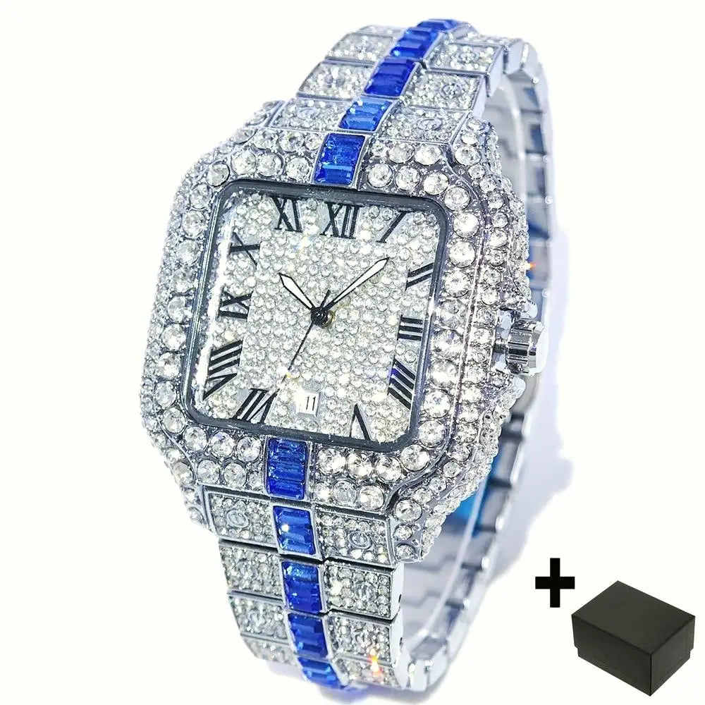 Silver and green men's diamond iced-out hip hop watch by Lamp Post with full diamond accents and quartz movement.