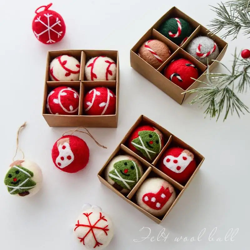 Set of four Snowflake Felt Christmas Balls by Lamp Post, festive holiday ornaments for Christmas trees and holiday home decor.