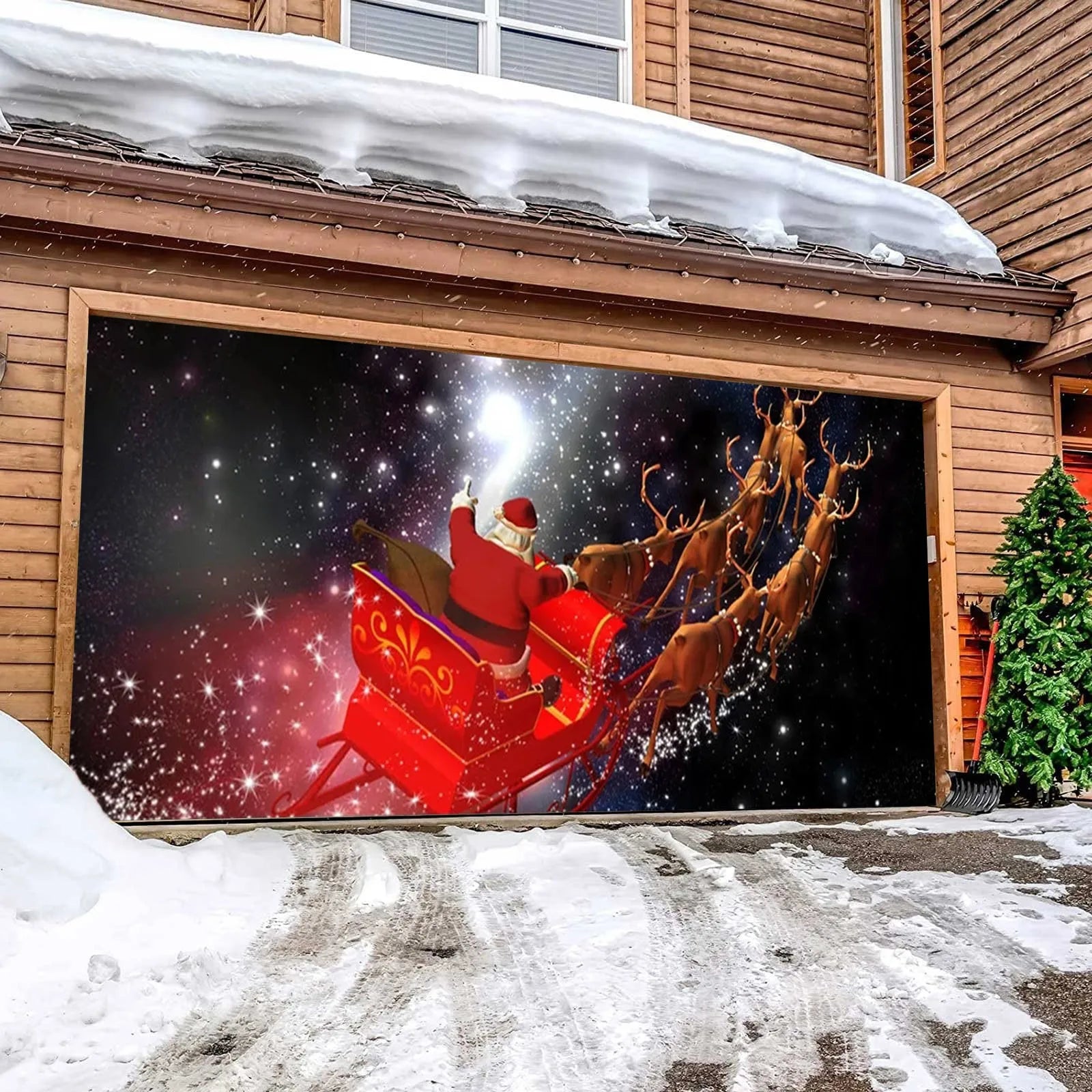 Lamp Post Merry Christmas holiday banner hanging cloth for garage door decoration, featuring festive holiday design.