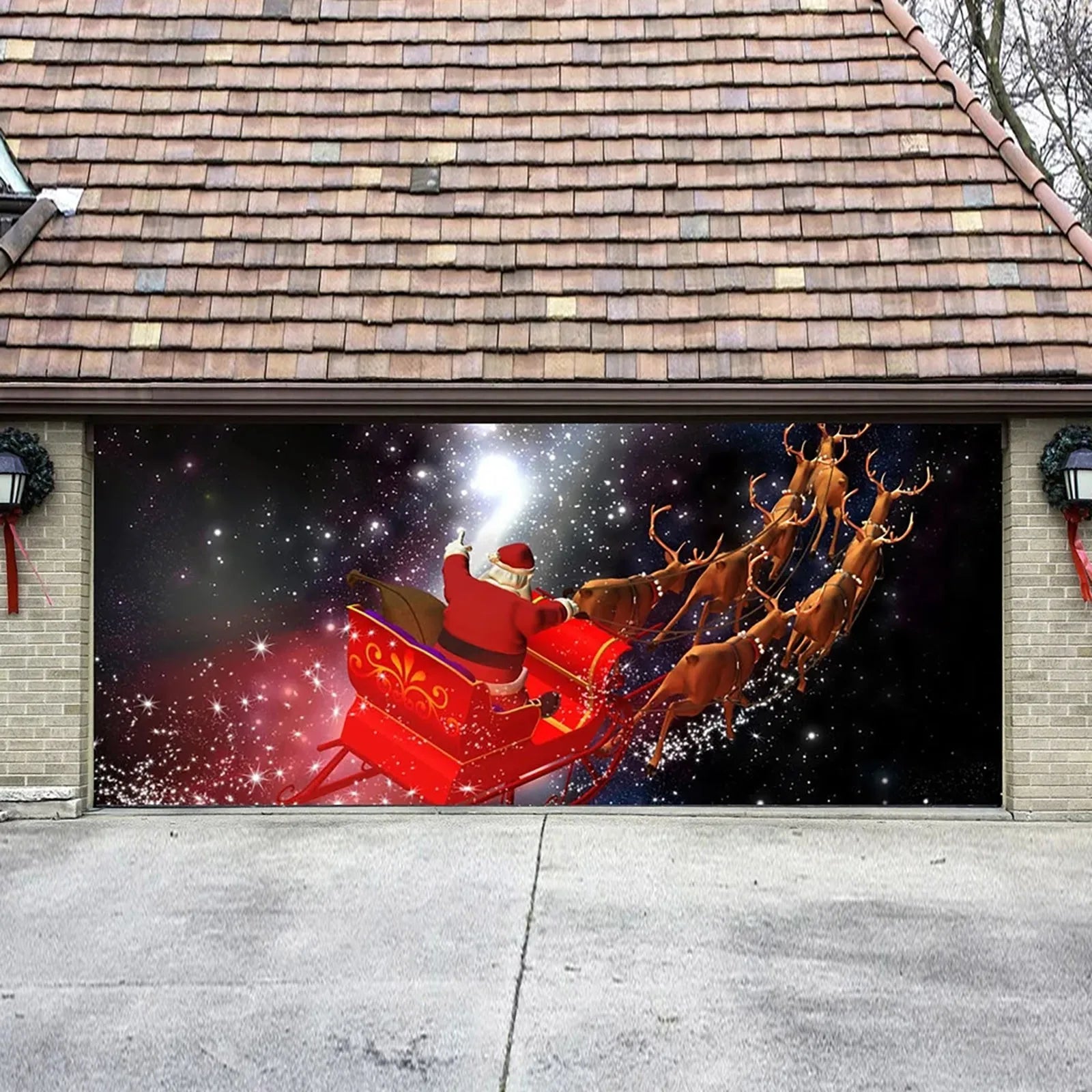 Lamp Post Merry Christmas holiday banner hanging cloth for garage door decoration, featuring festive Christmas design.