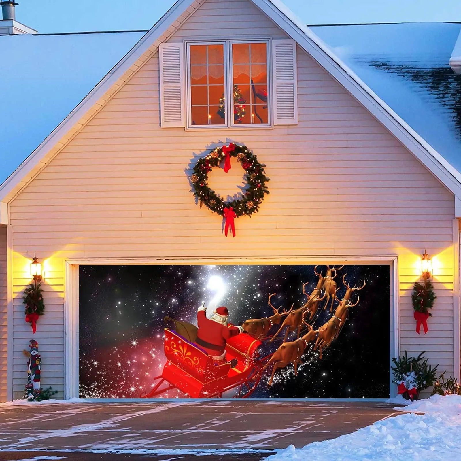 Lamp Post Merry Christmas holiday banner hanging cloth for garage door decoration, featuring festive Christmas design.
