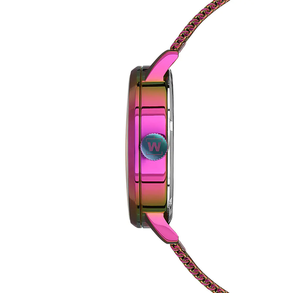 Silver women's watch by Lamp Post with a sleek round dial and metal band, displayed on a neutral background.
