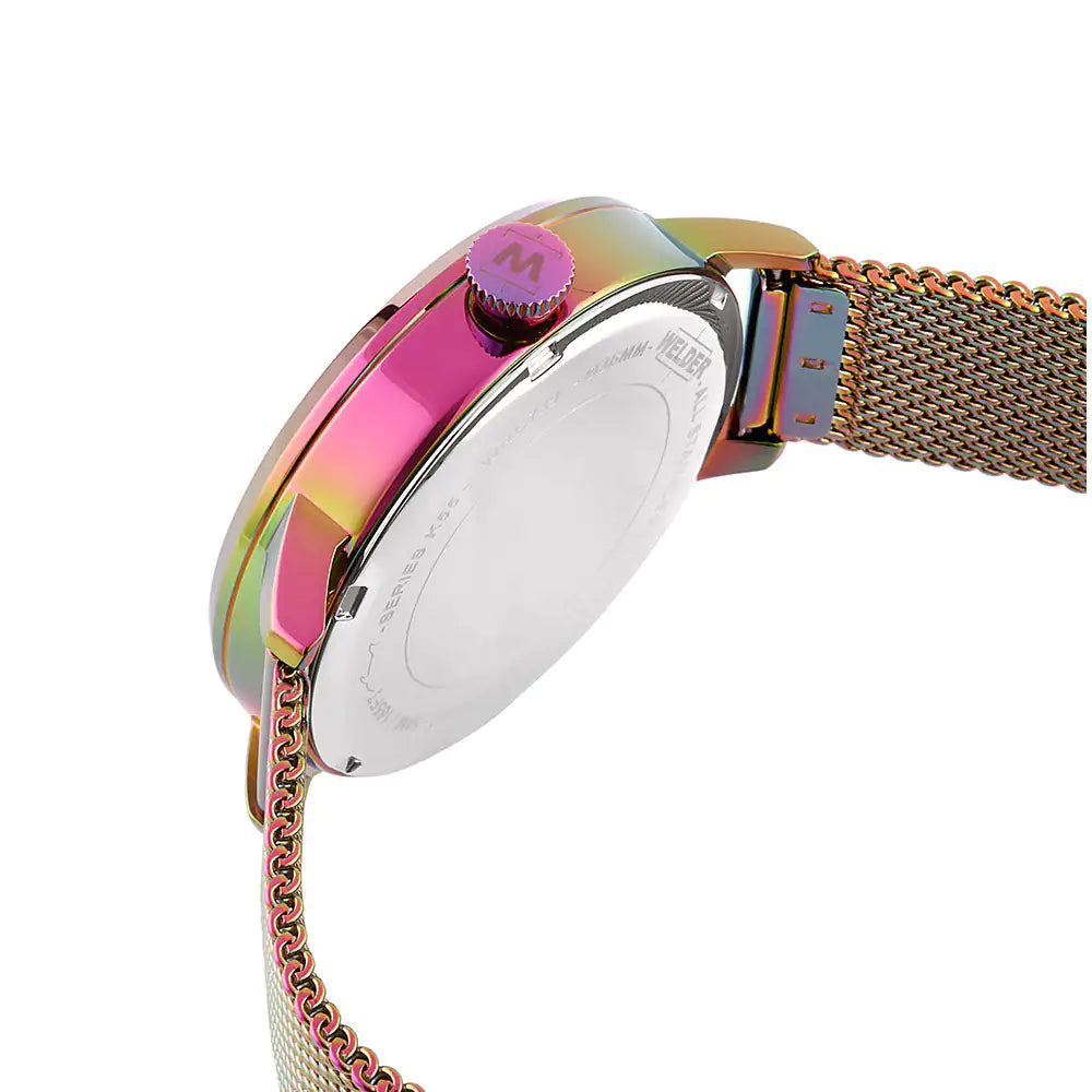 Silver women's watch by Lamp Post with a sleek round dial and metal band, stylish and elegant accessory for everyday wear.