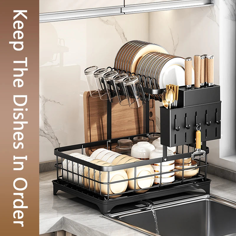 Black Lamp Post 1-tier kitchen dish drying rack with metal frame and multiple slots for drying dishes and utensils.