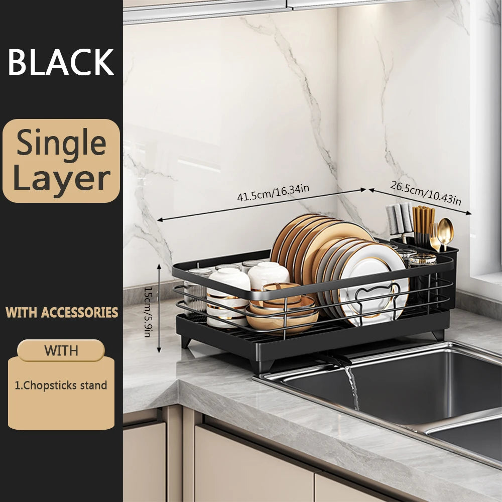 Black Lamp Post 1-tier kitchen dish drying rack with metal frame and utensil holder, ideal for countertop drying.