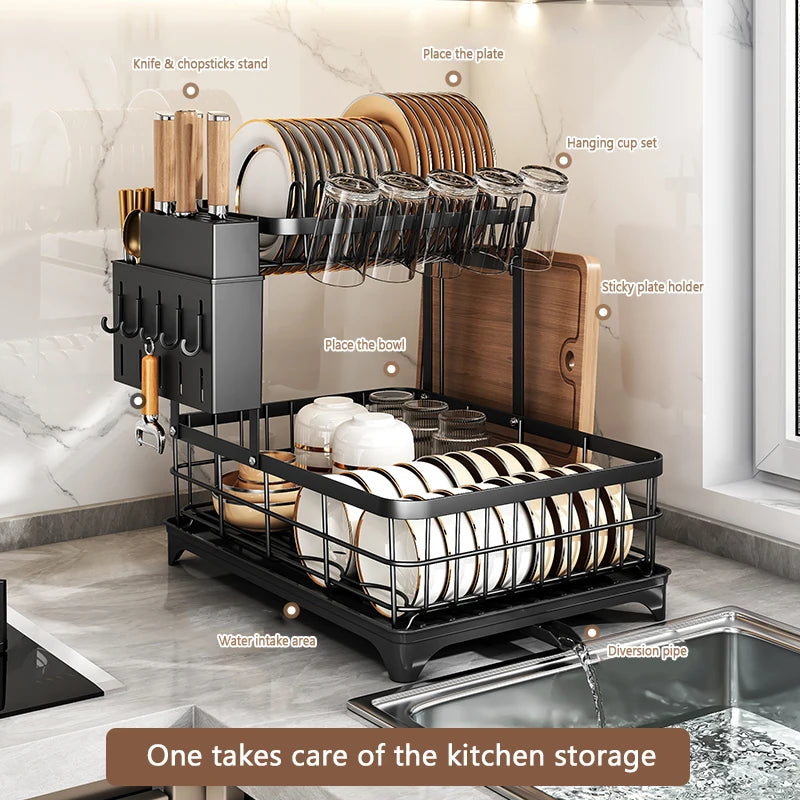 Black Lamp Post 1-tier kitchen dish drying rack with multiple slots for drying dishes and utensils.
