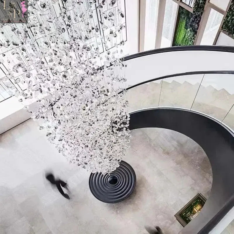 Large Crystal LED chandelier by Lamp Post featuring a gradient stone design, ideal for staircase luxury ceiling pendant lighting.