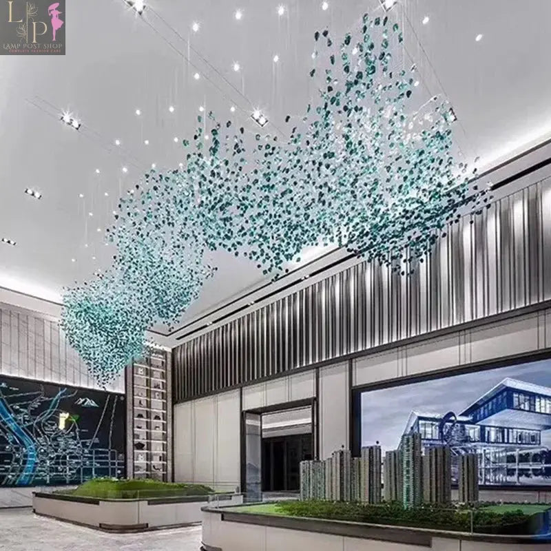 Large Crystal LED chandelier by Lamp Post, features gradient stone design and white crystals, ideal for staircase luxury ceiling lighting