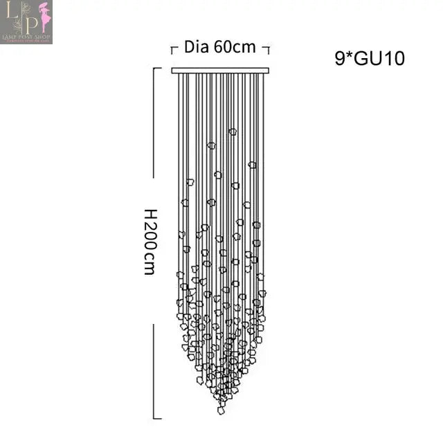 Large crystal LED chandelier by Lamp Post featuring a gradient stone design, ideal for staircase or luxury ceiling lighting.