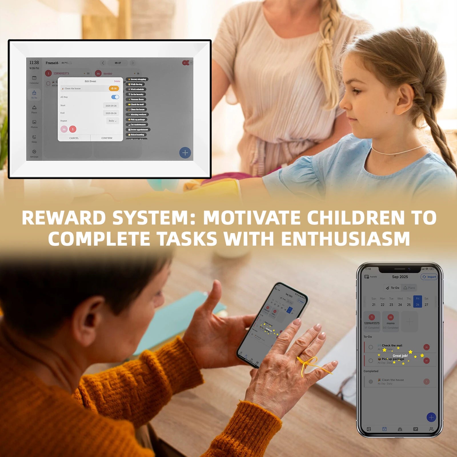 10.1-inch touch screen digital calendar and photo frame by Lamp Post, featuring auto-rotate and family schedule organizer.