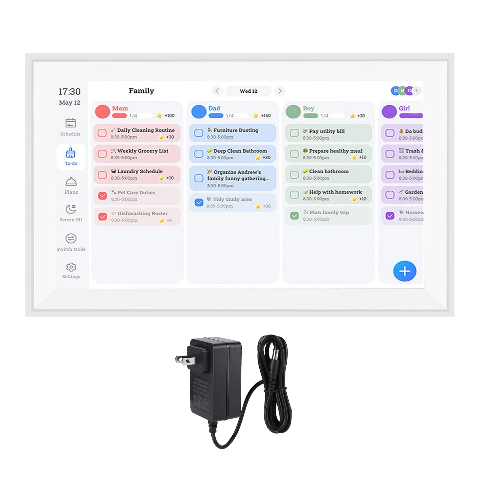 Lamp Post 15.6-inch 1080P FHD digital touchscreen smart family calendar with chore chart, wall or desk mount for interactive scheduling.