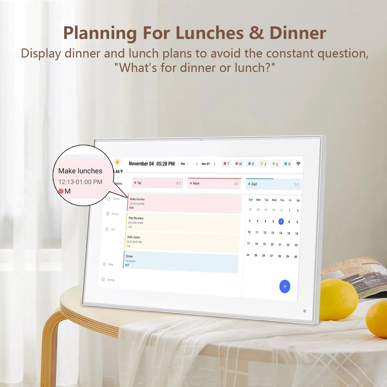 White 15.6-inch Lamp Post digital calendar with HD touch screen display for family schedules and daily planning.