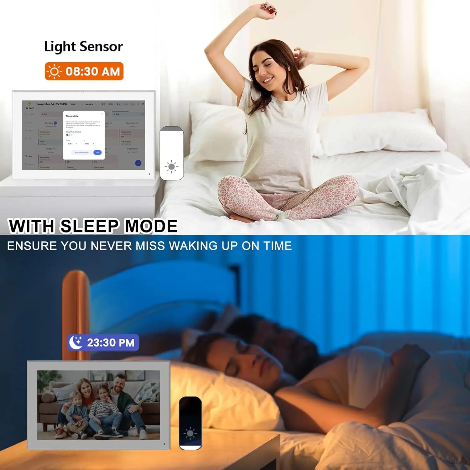 White 15.6-inch Lamp Post digital calendar with HD touch screen display for family schedules and daily planning.