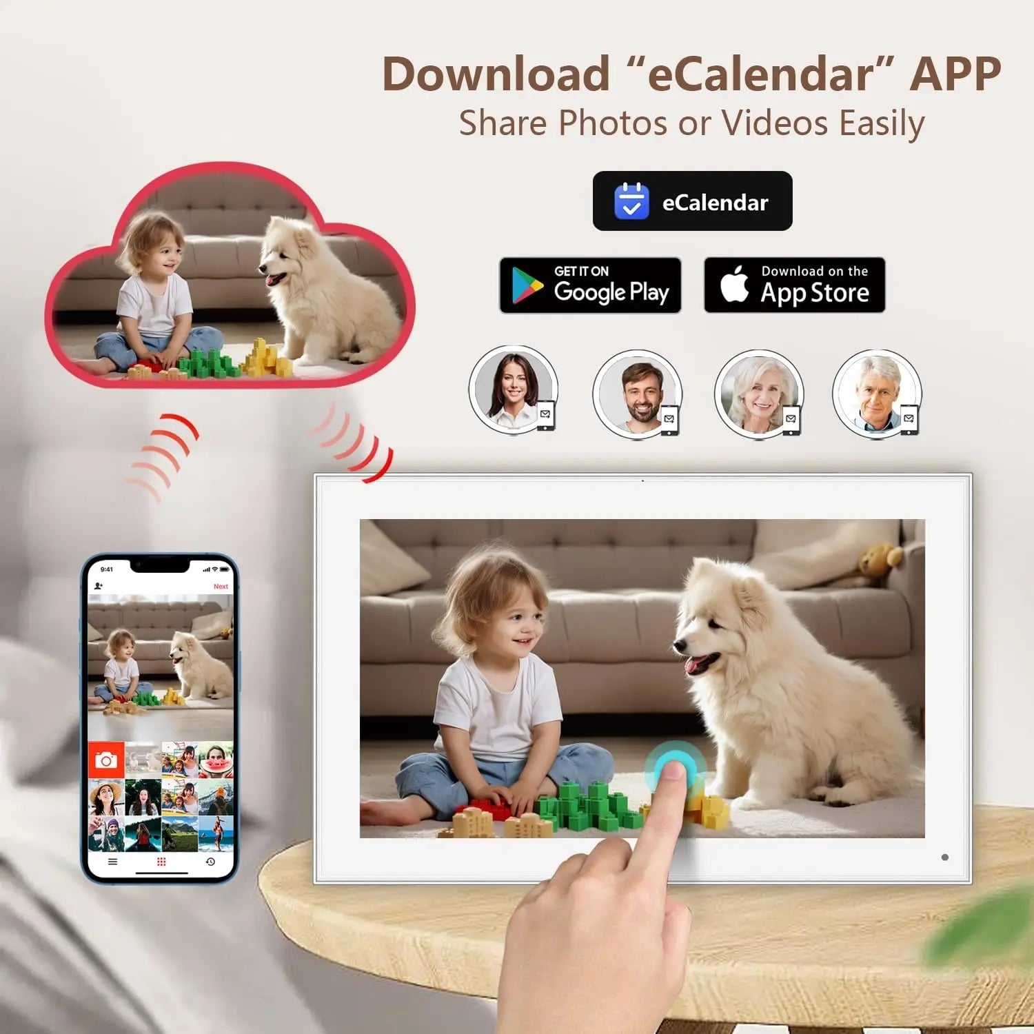 White 15.6-inch Lamp Post digital calendar with HD touch screen display for family schedules and planning.