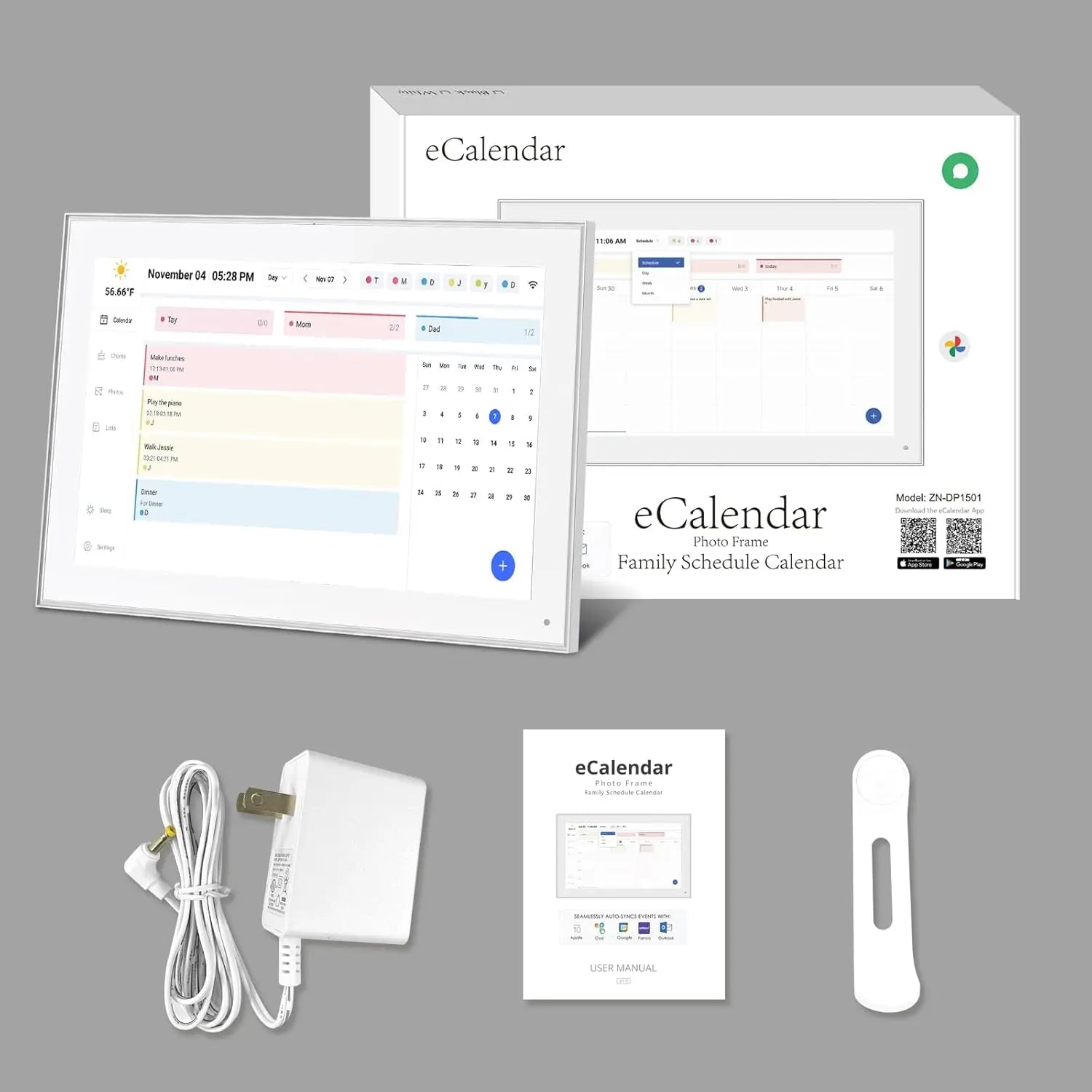 White 15.6-inch Lamp Post digital calendar with HD touch screen display showing family schedules and calendar icons.