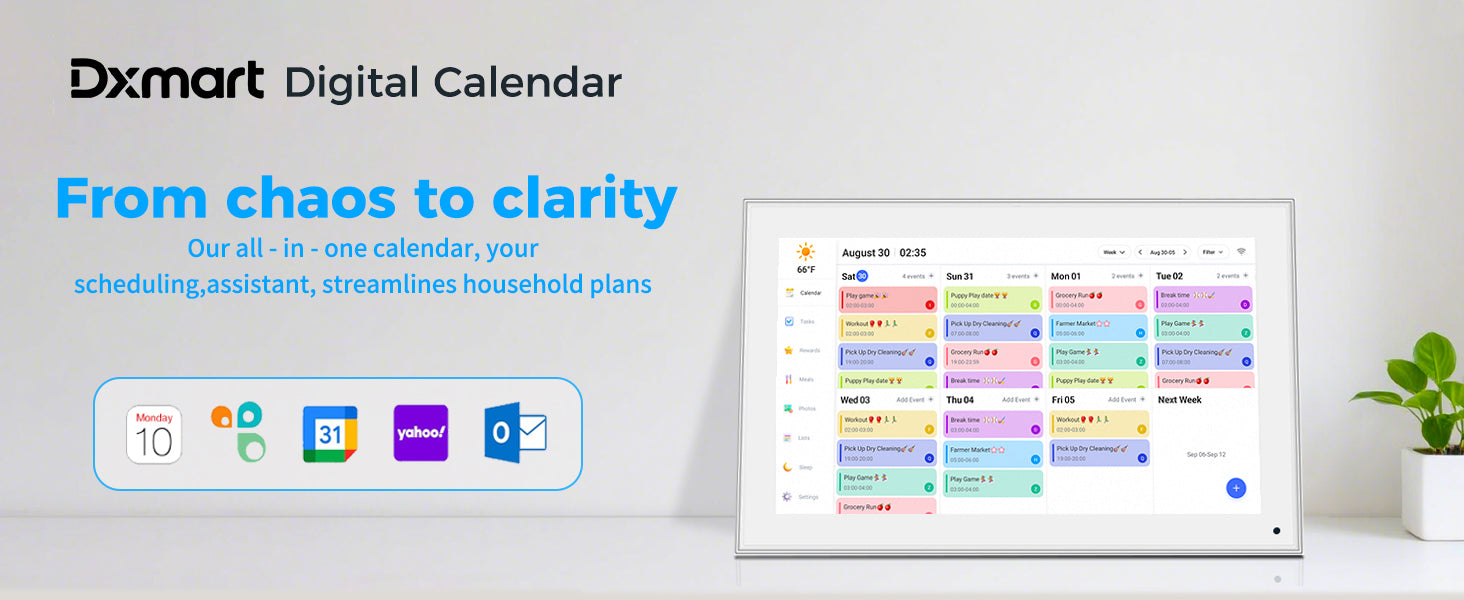 White 15.6-inch Lamp Post digital calendar with HD touch screen display for family schedules and organization.