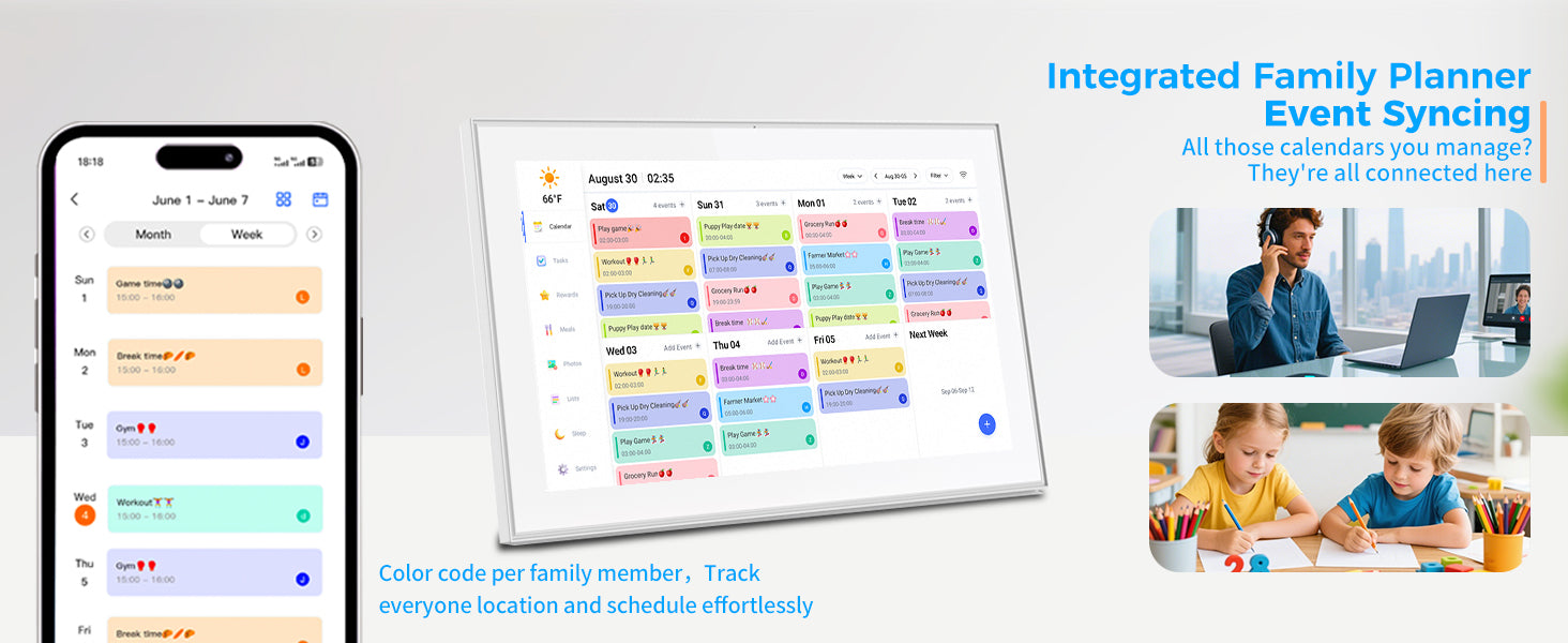 White 15.6-inch Lamp Post digital calendar with HD touch screen display for family schedules and daily planning.