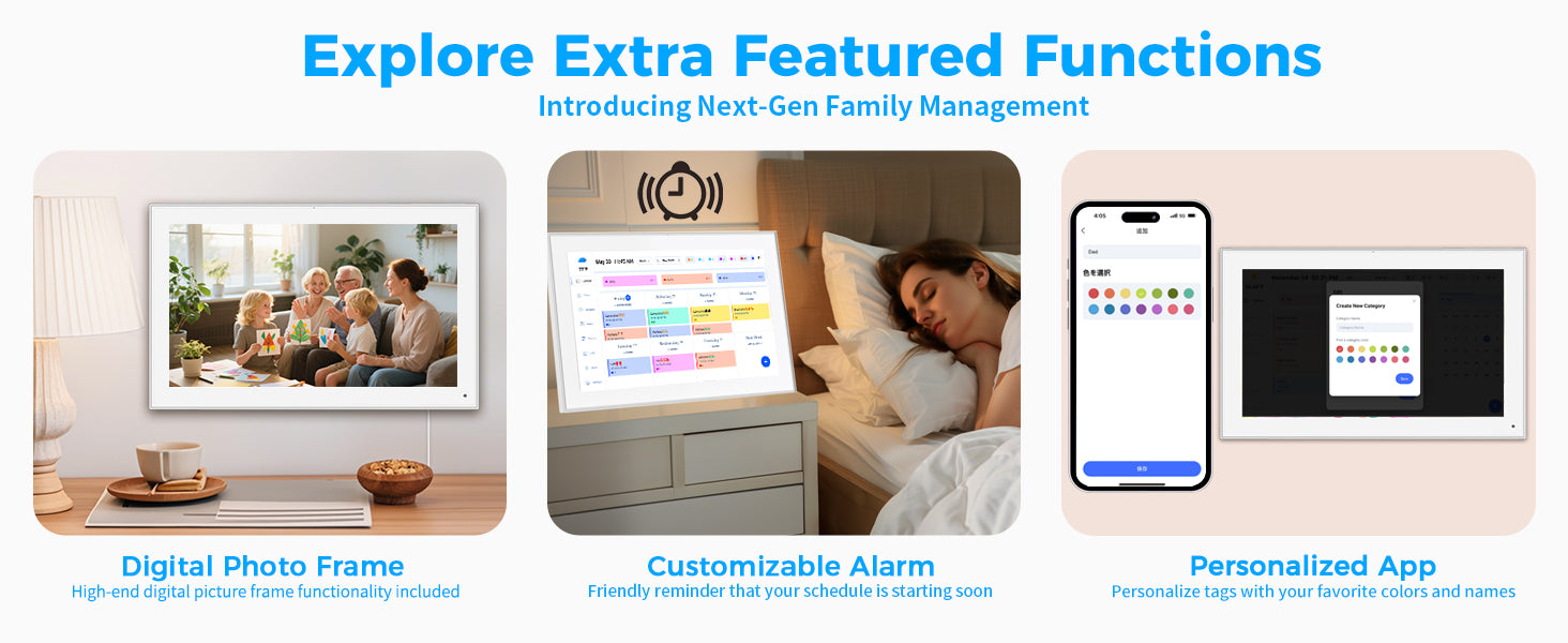 White 15.6-inch Lamp Post digital calendar with HD touch screen display for family schedules and planning.