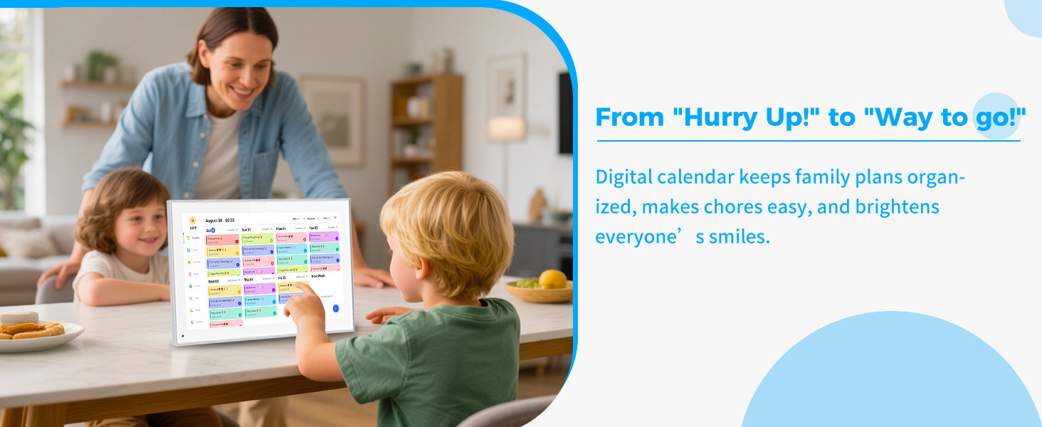 White 15.6-inch Lamp Post digital calendar with HD touch screen display for family schedules, shown on a wall.
