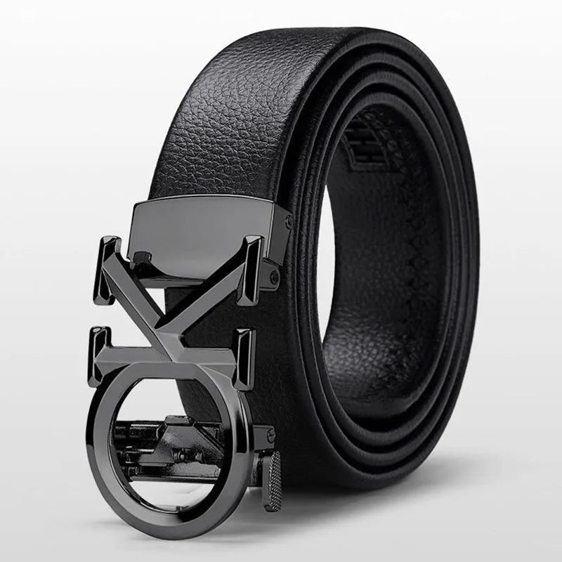 Unisex luxury leather belt by Lamp Post with automatic metal buckle, gold finish, 120cm length, suitable for men and women.