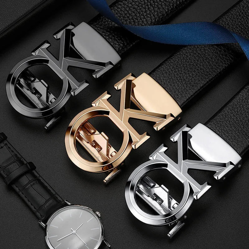 Unisex luxury leather belt by Lamp Post with gold automatic metal buckle, suitable for men and women, 120cm length.