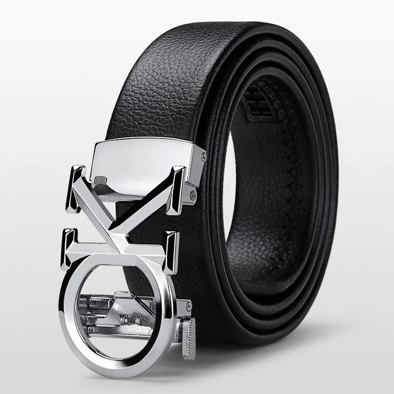 Unisex luxury leather belt by Lamp Post with automatic metal buckle, gold finish, 120cm length, suitable for men and women