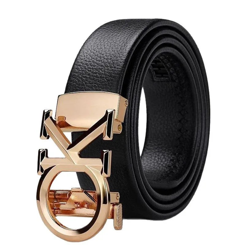 Unisex luxury leather belt by Lamp Post with automatic metal buckle, gold finish, 120cm length, suitable for men and women.