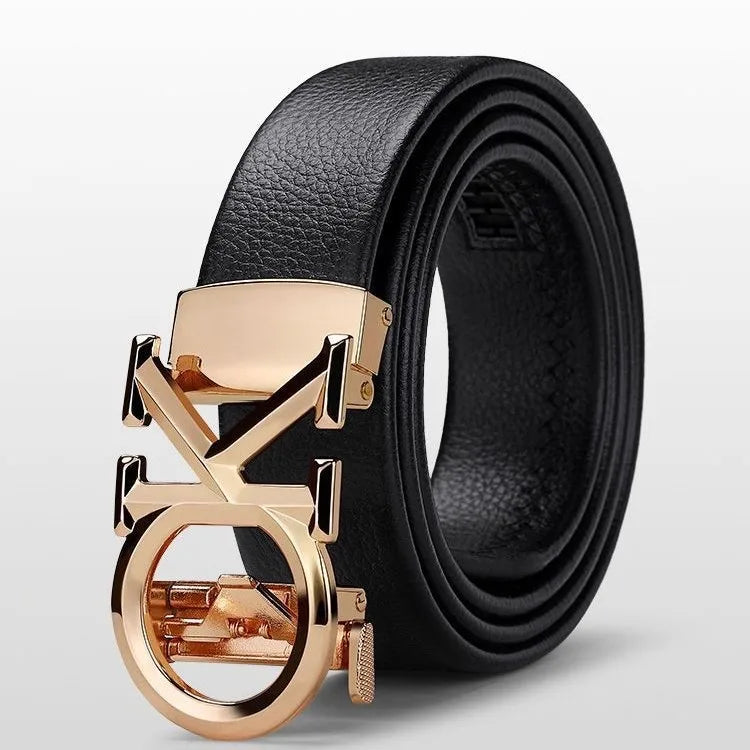 Unisex luxury leather belt by Lamp Post with automatic metal buckle, gold finish, 120cm length, suitable for men and women.