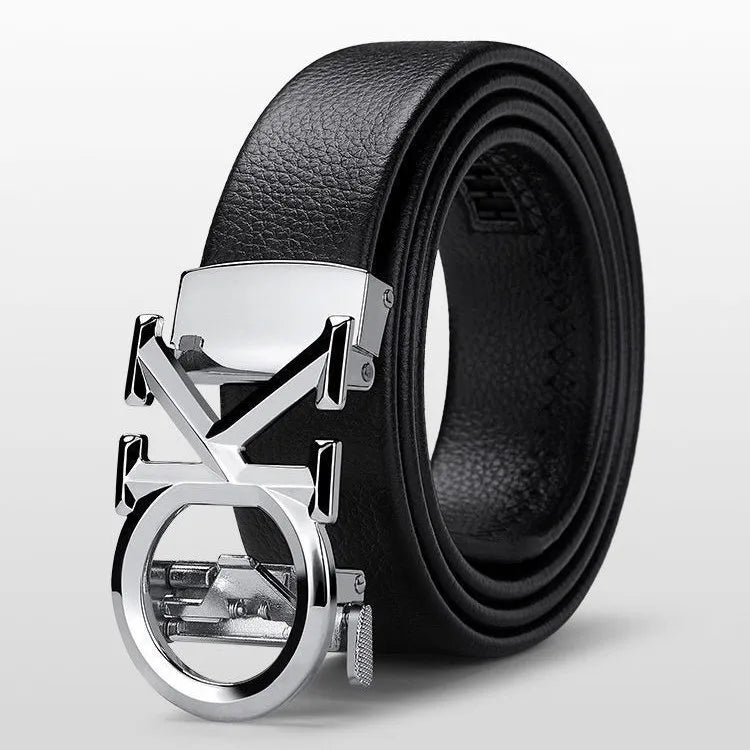 Unisex luxury leather belt by Lamp Post with gold automatic metal buckle, featuring a sleek design for men and women.