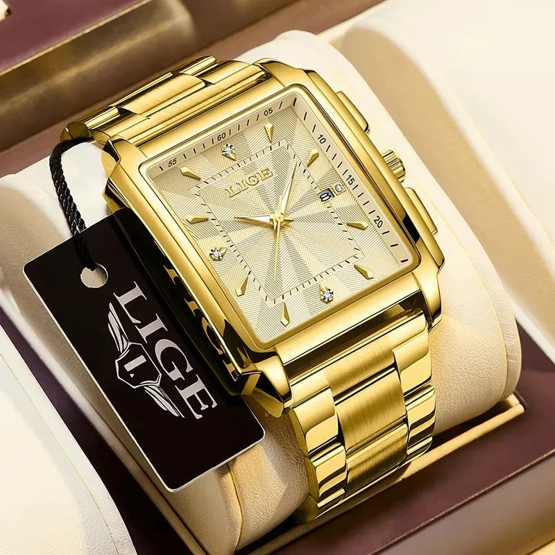 Men’s luxury square stainless steel quartz watch by Lamp Post, gold-tone, waterproof, stylish wristwatch with black dial and band.