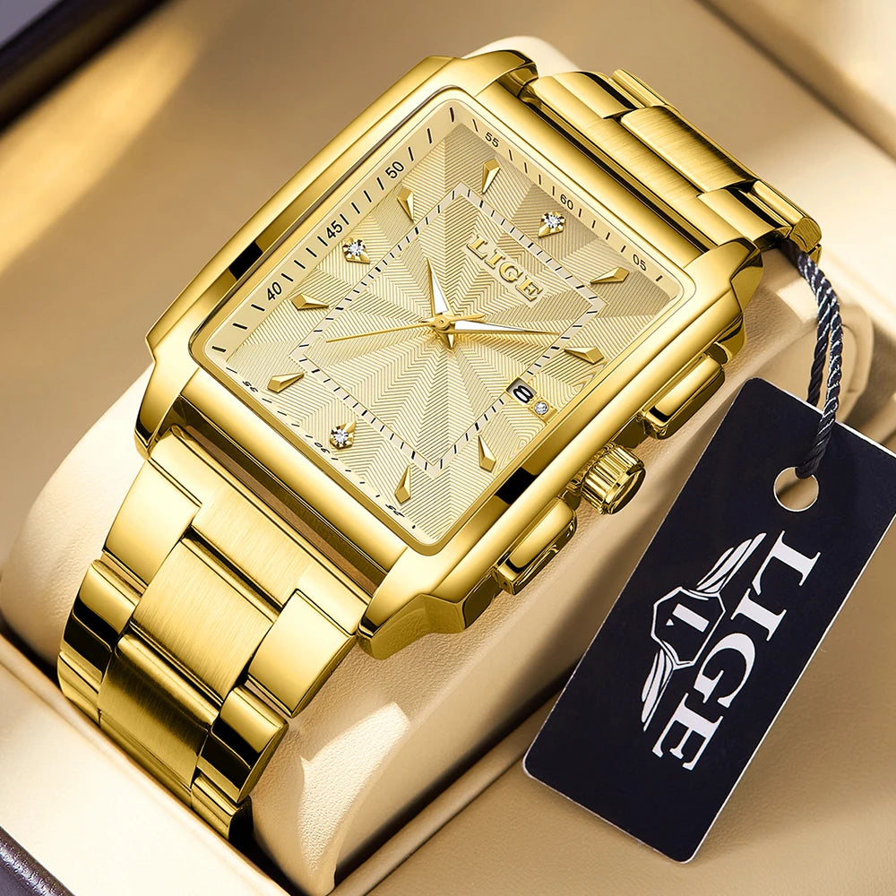 Men's luxury square stainless steel quartz watch by Lamp Post with gold-tone finish, waterproof design, and fashionable wristwear style.