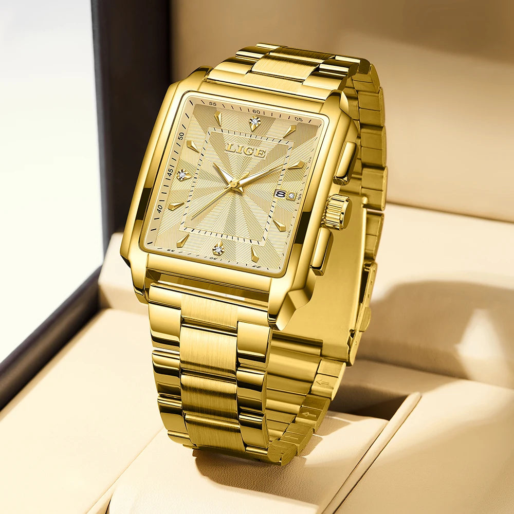 Men’s luxury square stainless steel quartz watch by Lamp Post, golden waterproof wristwatch with a stylish black dial.
