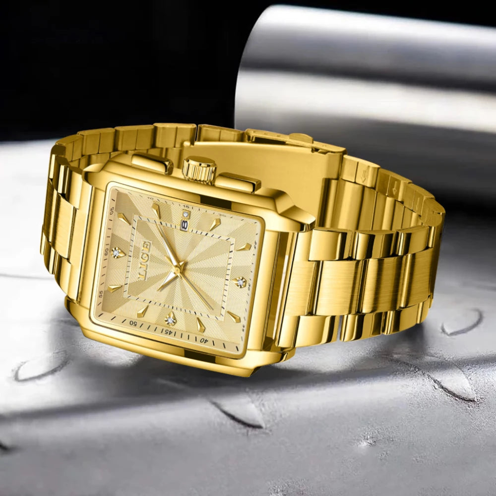 Men’s luxury square stainless steel quartz watch by Lamp Post, golden waterproof wristwatch with a stylish black dial.