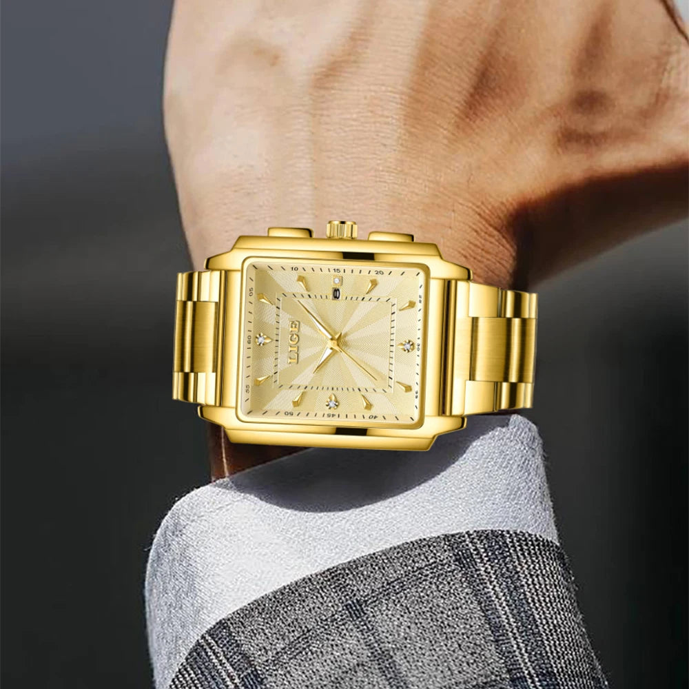 Men’s luxury square stainless steel quartz watch by Lamp Post, golden waterproof wristwatch with a sleek fashion design.