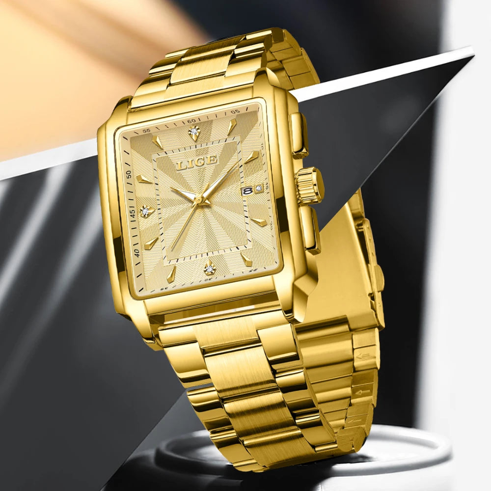 Men’s luxury square stainless steel quartz watch by Lamp Post with gold finish and waterproof design, stylish fashion wristwatch.
