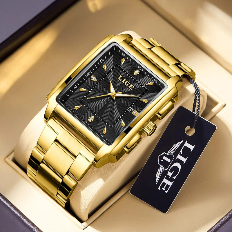 Men’s luxury square stainless steel quartz watch by Lamp Post with a golden waterproof design and stylish black dial.