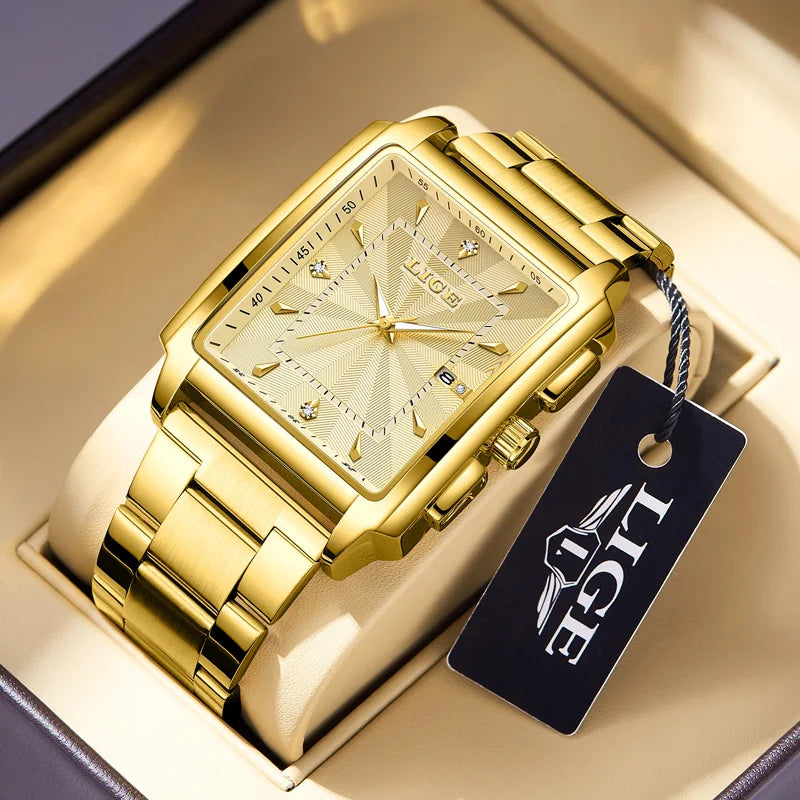 Men’s luxury square stainless steel quartz watch by Lamp Post, gold-tone, waterproof, stylish wristwatch with a sleek black face.