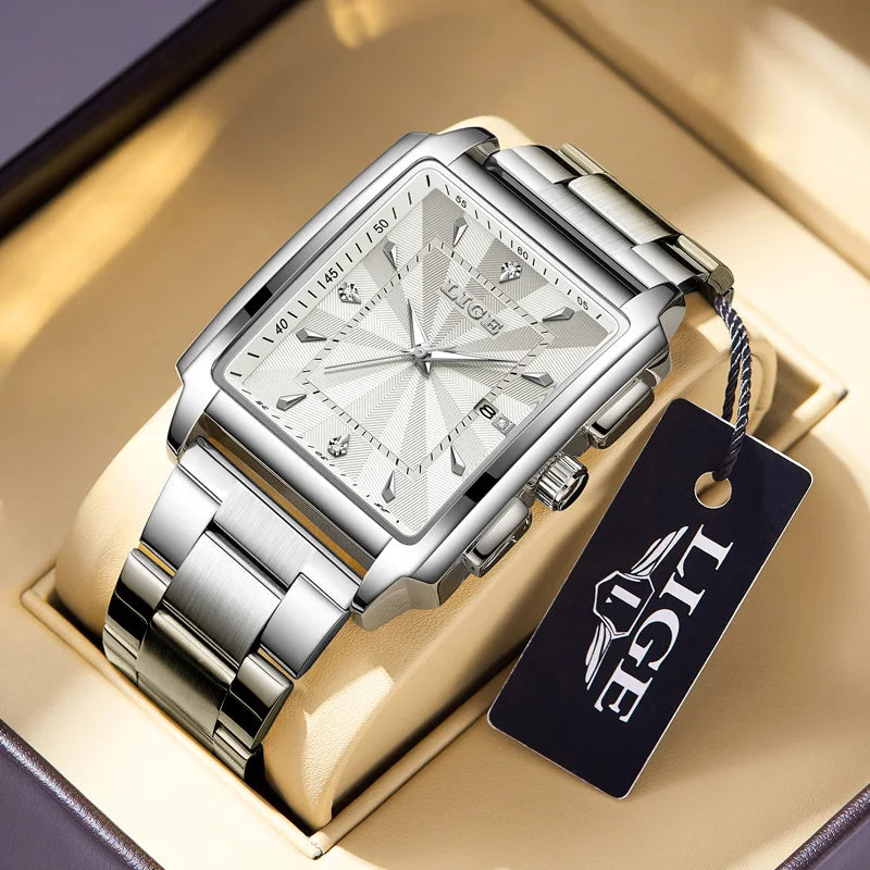 Men’s luxury square stainless steel quartz watch by Lamp Post, golden waterproof wristwatch with a sleek black dial and fashion-forward design.