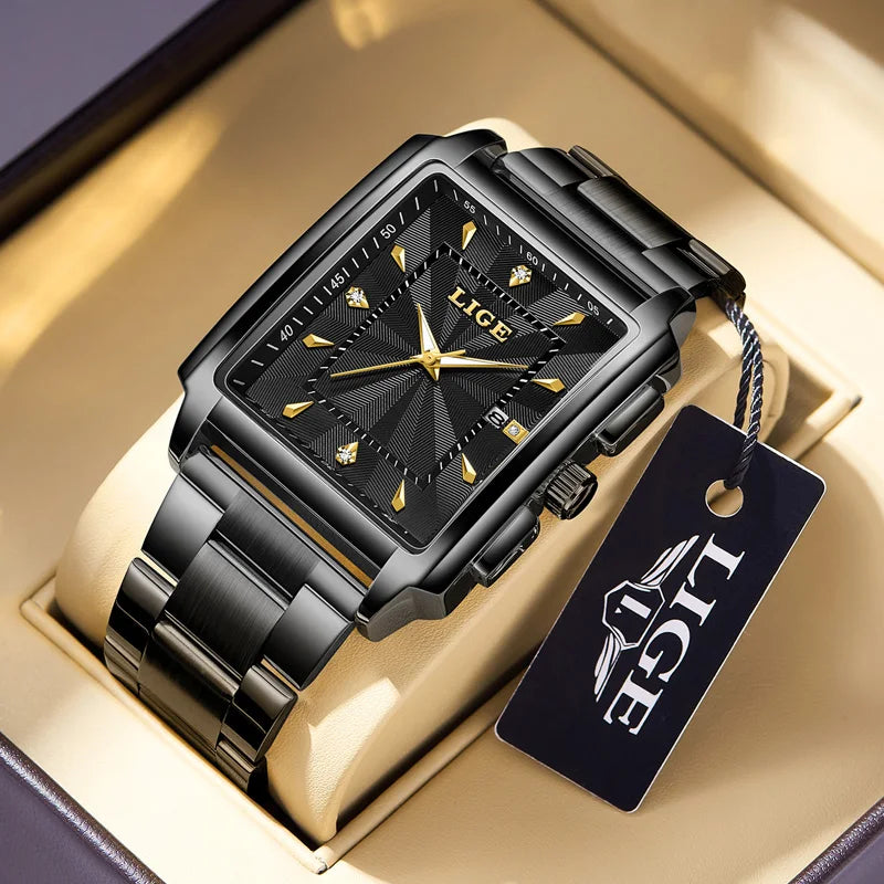 Men’s luxury square stainless steel quartz watch by Lamp Post featuring a golden waterproof design and stylish black dial.