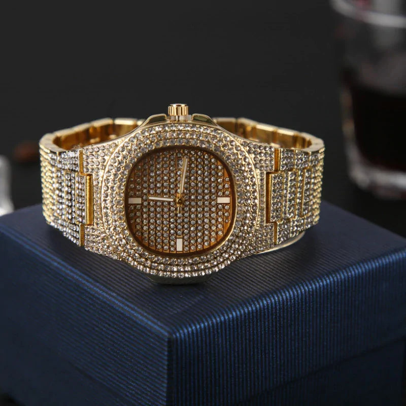 Gold-colored Hip Hop Diamond Set by Lamp Post featuring bold chain necklace and matching earrings with sparkling diamond accents.