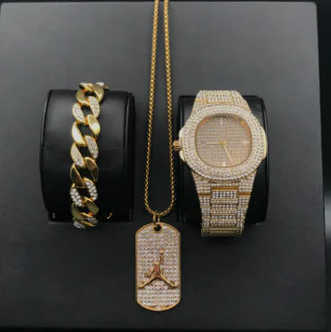 Gold Hip Hop Diamond Set by Lamp Post featuring bold chain and pendant with sparkling diamond-style accents.